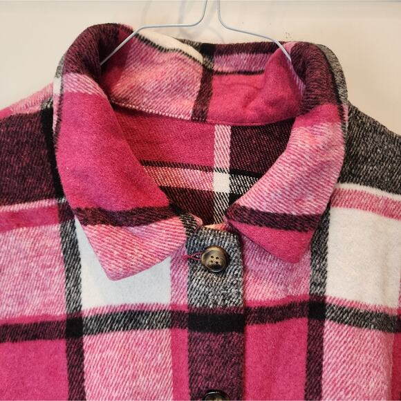 New Pink Black Check Shacket Jacket Plaid Button Down Heavy Weight Size L - Picture 3 of 7